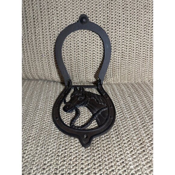 Cast Iron Horse Head Door Knocker Rustic Horseshoe Design Western Decor - Picture 2 of 5